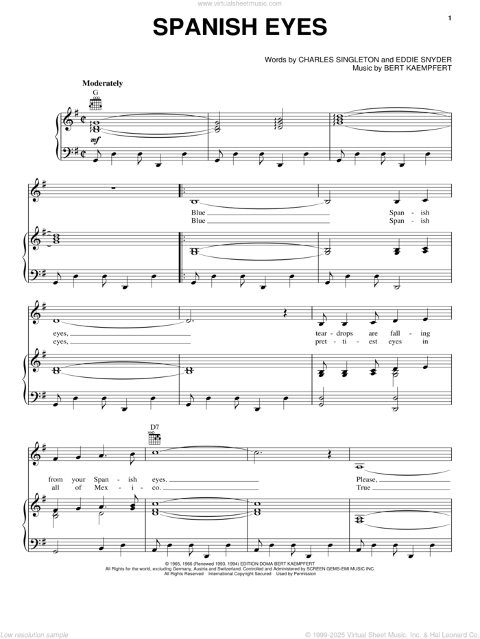 Spanish Eyes sheet music for voice, piano or guitar by Al Martino, Engelbert Humperdinck, Bert Kaempfert, Charles Singleton and Eddie Snyder, intermediate skill level