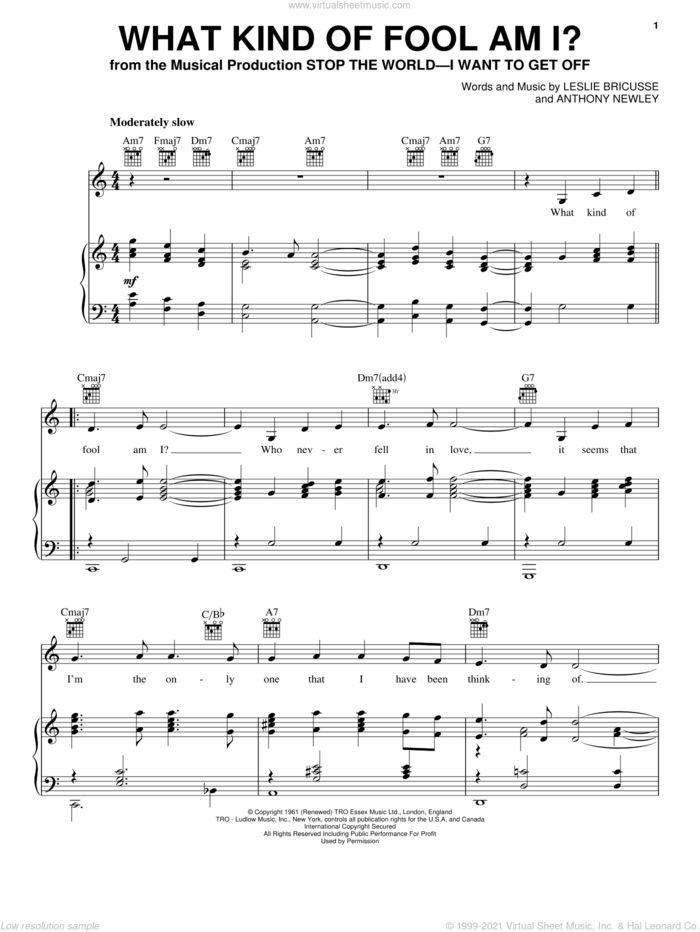 What Kind Of Fool Am I? sheet music for voice, piano or guitar by Leslie Bricusse, Bill Evans, Robert Goulet, Sammy Davis, Jr., Sarah Vaughan and Anthony Newley, intermediate skill level