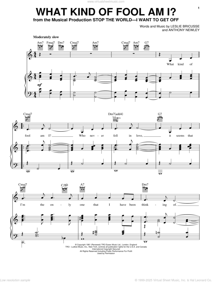 What Kind Of Fool Am I? sheet music for voice, piano or guitar by Leslie Bricusse, Bill Evans, Robert Goulet, Sammy Davis, Jr., Sarah Vaughan and Anthony Newley, intermediate skill level