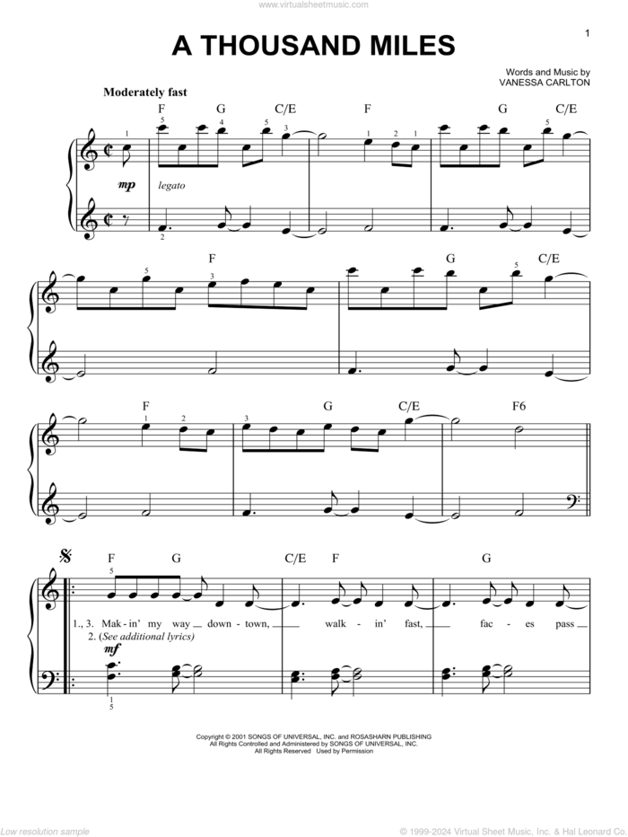 A Thousand Miles sheet music for piano solo by Vanessa Carlton, easy skill level