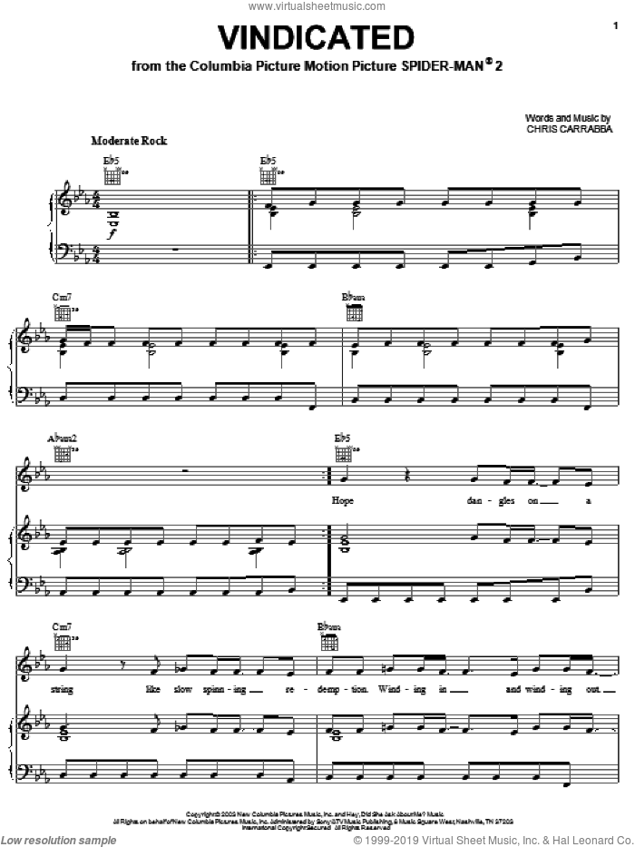 Vindicated sheet music for voice, piano or guitar by Dashboard Confessional and Chris Carrabba, intermediate skill level