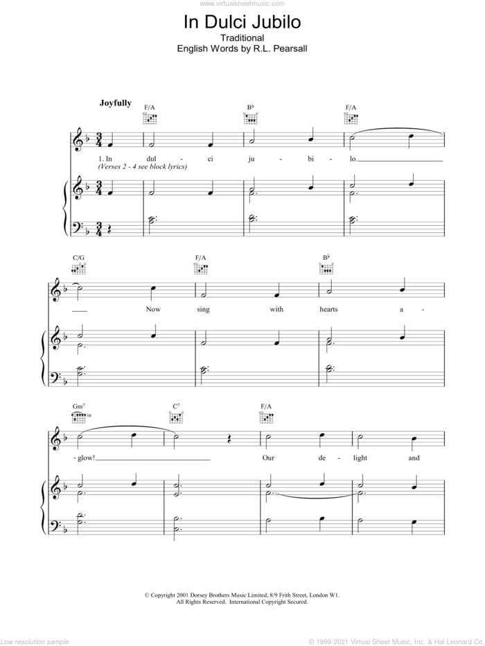 In Dulce Jubilo sheet music for voice, piano or guitar, intermediate skill level