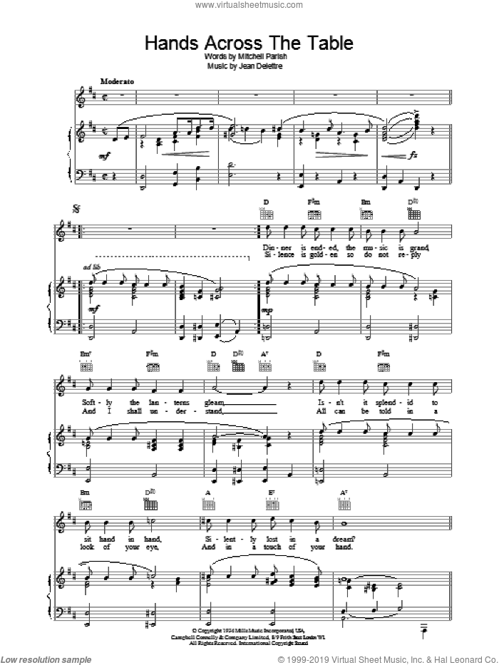 Hands Across The Table sheet music for voice, piano or guitar by Mitchell Parish and Jean Delettre, intermediate skill level
