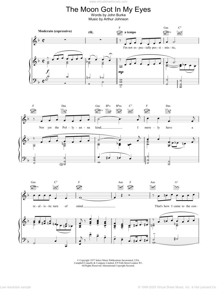 The Moon Got In My Eyes sheet music for voice, piano or guitar by Bing Crosby, intermediate skill level