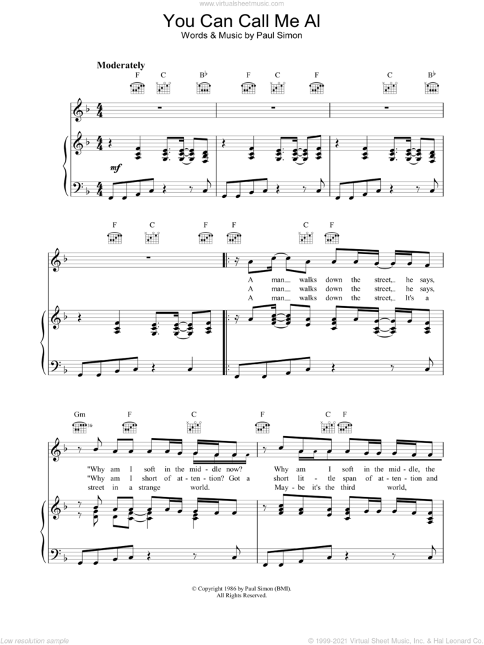 You Can Call Me Al sheet music for voice, piano or guitar by Paul Simon, intermediate skill level