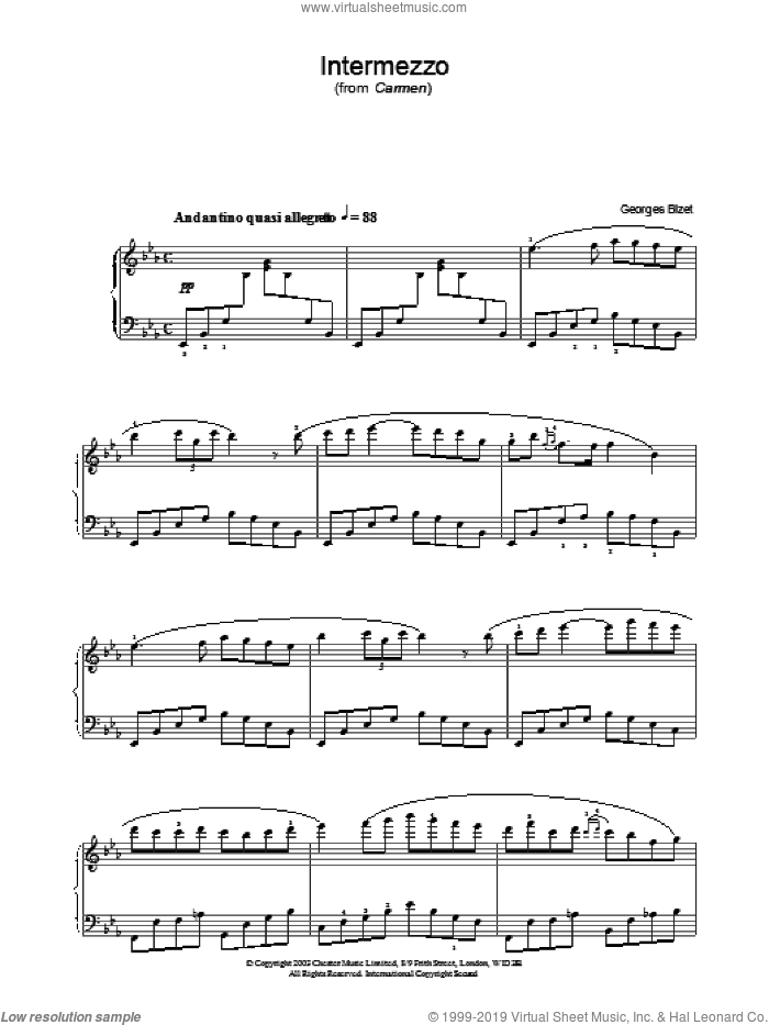 Intermezzo sheet music for piano solo by Georges Bizet, classical score, intermediate skill level