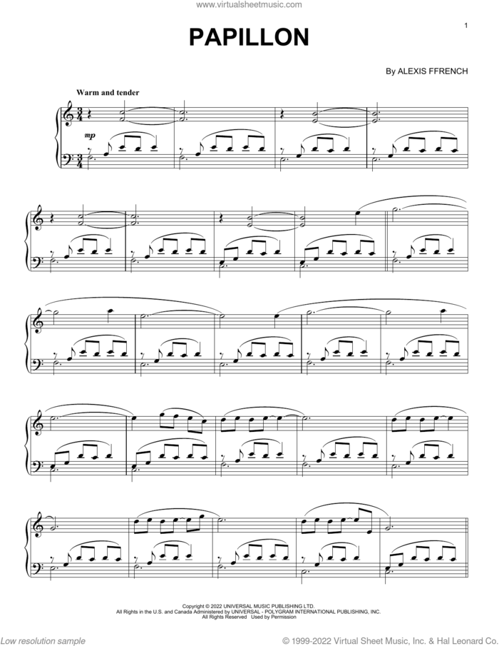 Papillon sheet music for piano solo by Alexis Ffrench, intermediate skill level