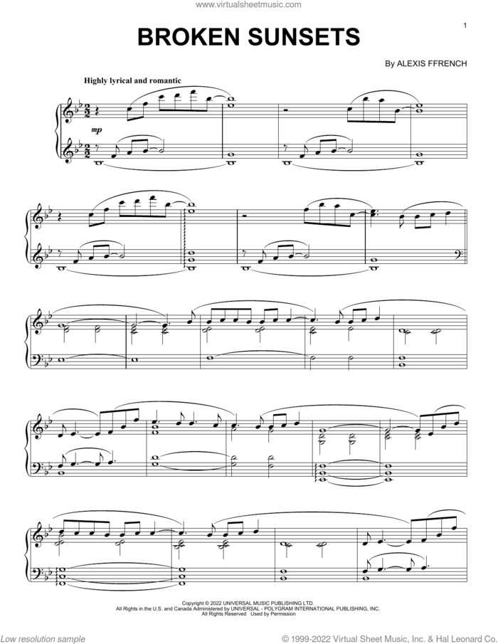 Broken Sunsets sheet music for piano solo by Alexis Ffrench, intermediate skill level