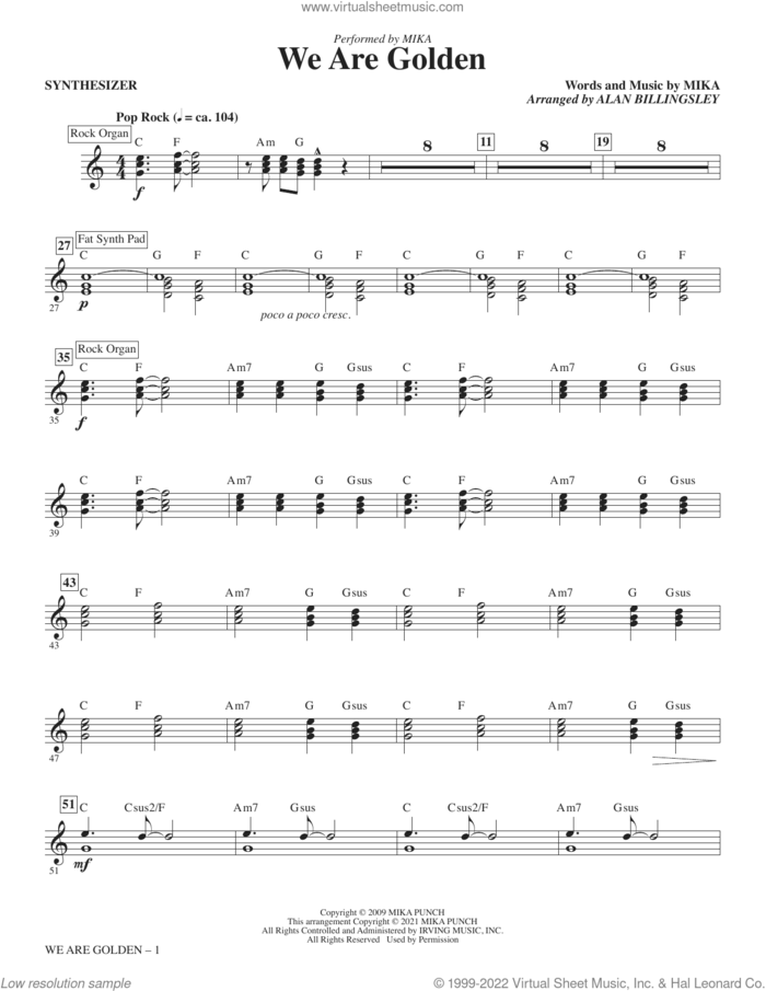 We Are Golden (arr. Alan Billingsley) (complete set of parts) sheet music for orchestra/band by Alan Billingsley and Mika, intermediate skill level