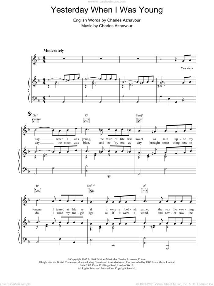 Yesterday When I Was Young sheet music for voice, piano or guitar by Charles Aznavour, intermediate skill level