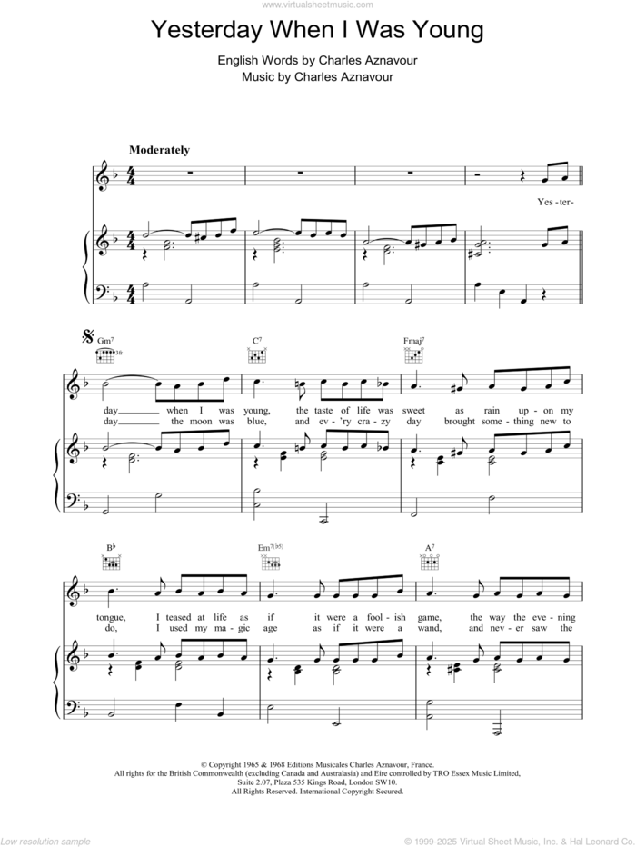 Yesterday When I Was Young sheet music for voice, piano or guitar by Charles Aznavour, intermediate skill level