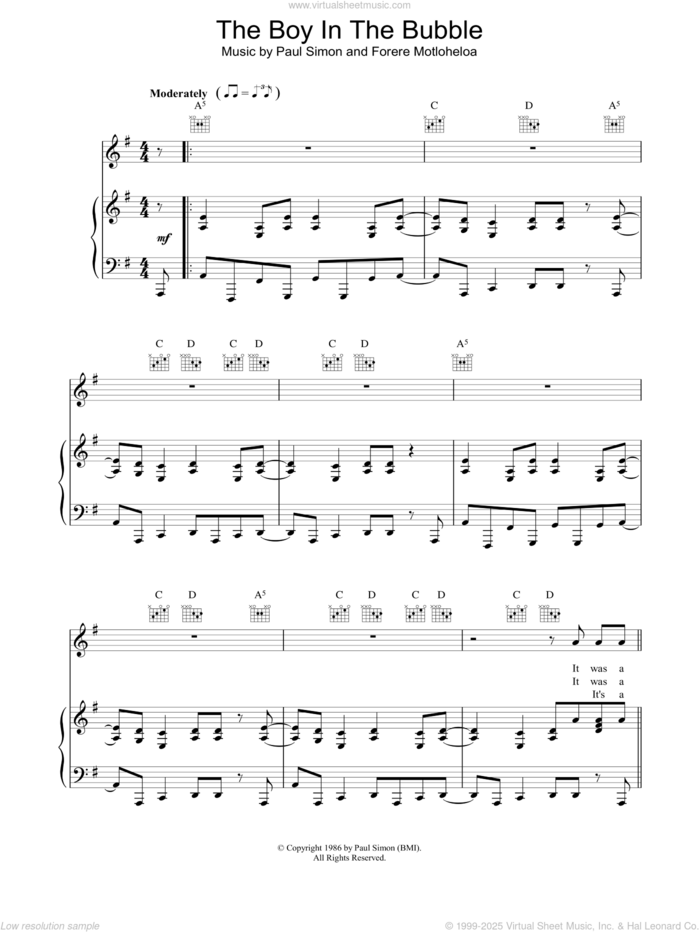 The Boy In The Bubble sheet music for voice, piano or guitar by Paul Simon, intermediate skill level