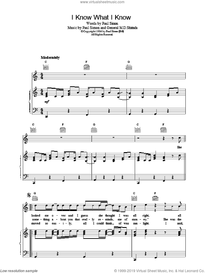 I Know What I Know sheet music for voice, piano or guitar by Paul Simon, intermediate skill level