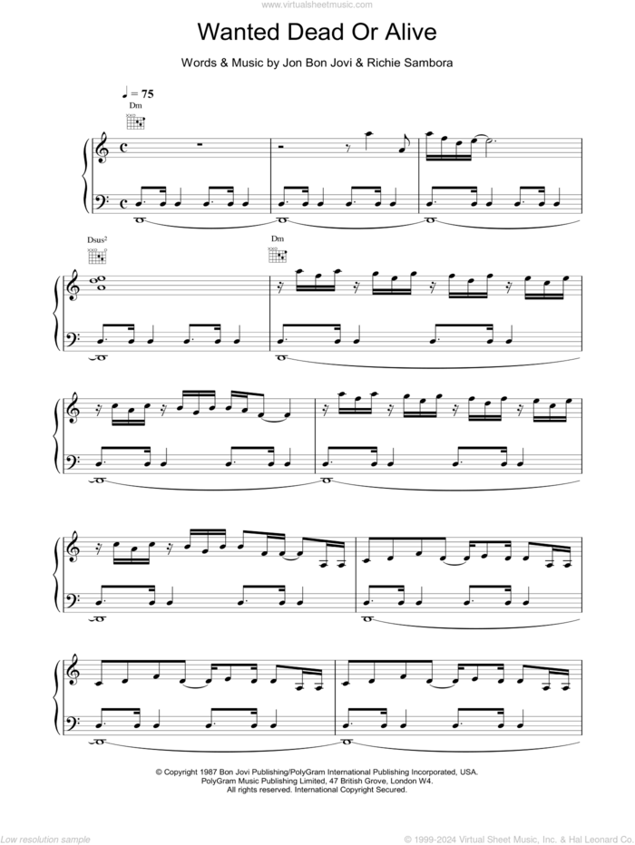 Wanted Dead Or Alive sheet music for voice, piano or guitar by Bon Jovi and Richie Sambora, intermediate skill level
