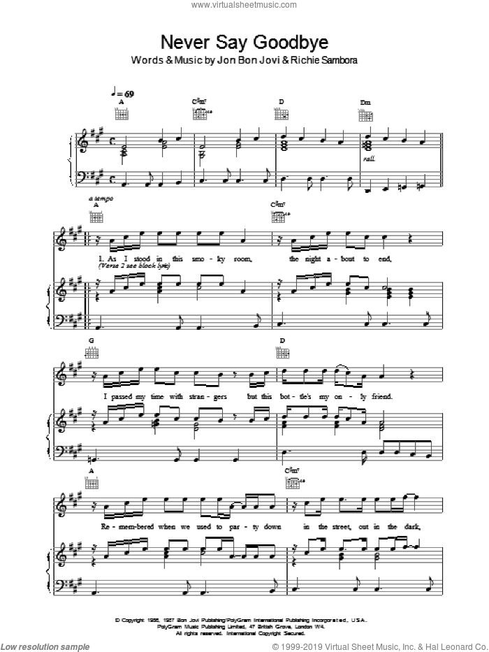 Never Say Goodbye sheet music for voice, piano or guitar by Bon Jovi, intermediate skill level