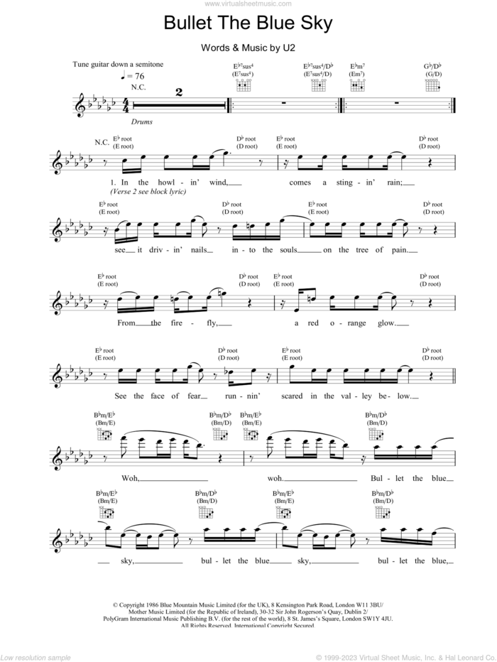 Bullet The Blue Sky sheet music for voice and other instruments (fake book) by U2, intermediate skill level