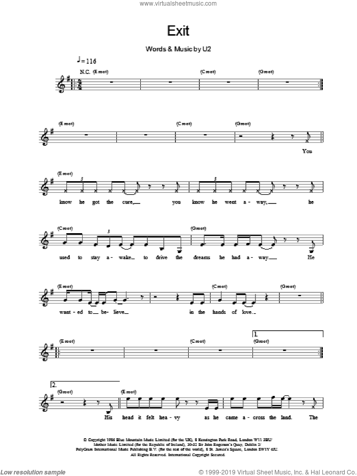 Exit sheet music for voice and other instruments (fake book) by U2, intermediate skill level