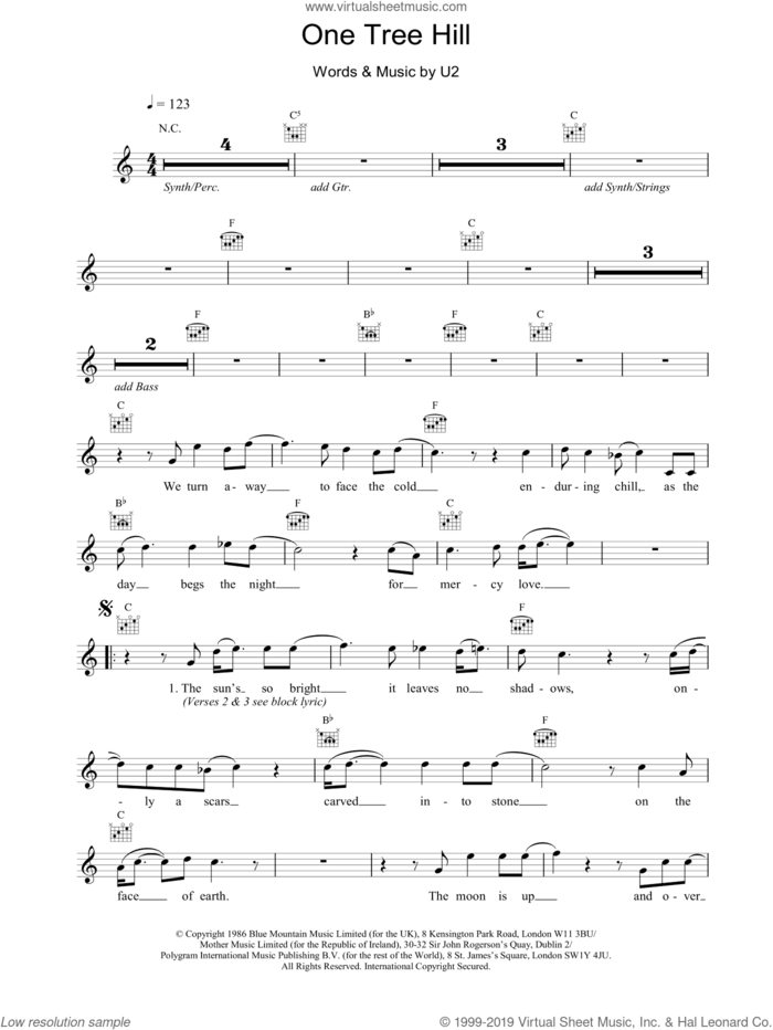 One Tree Hill sheet music for voice and other instruments (fake book) by U2, intermediate skill level