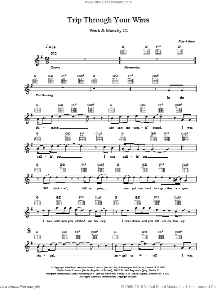 Trip Through Your Wires sheet music for voice and other instruments (fake book) by U2, intermediate skill level