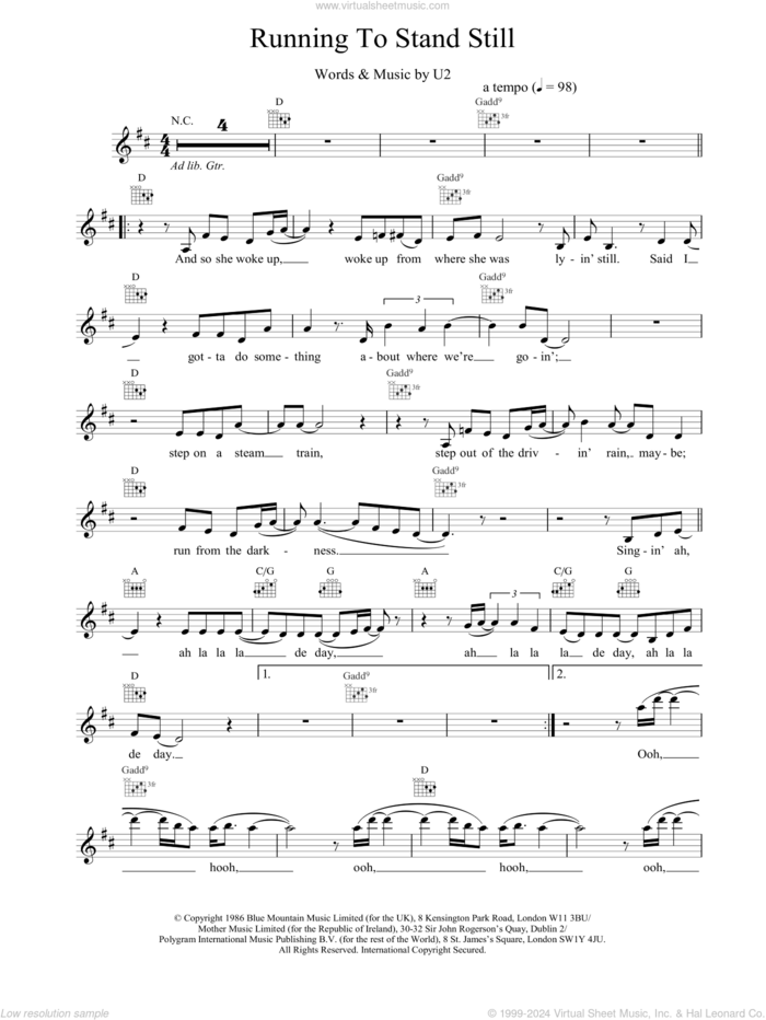 Running To Stand Still sheet music for voice and other instruments (fake book) by U2, intermediate skill level