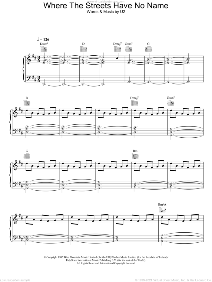 Where The Streets Have No Name sheet music for voice, piano or guitar by U2, intermediate skill level