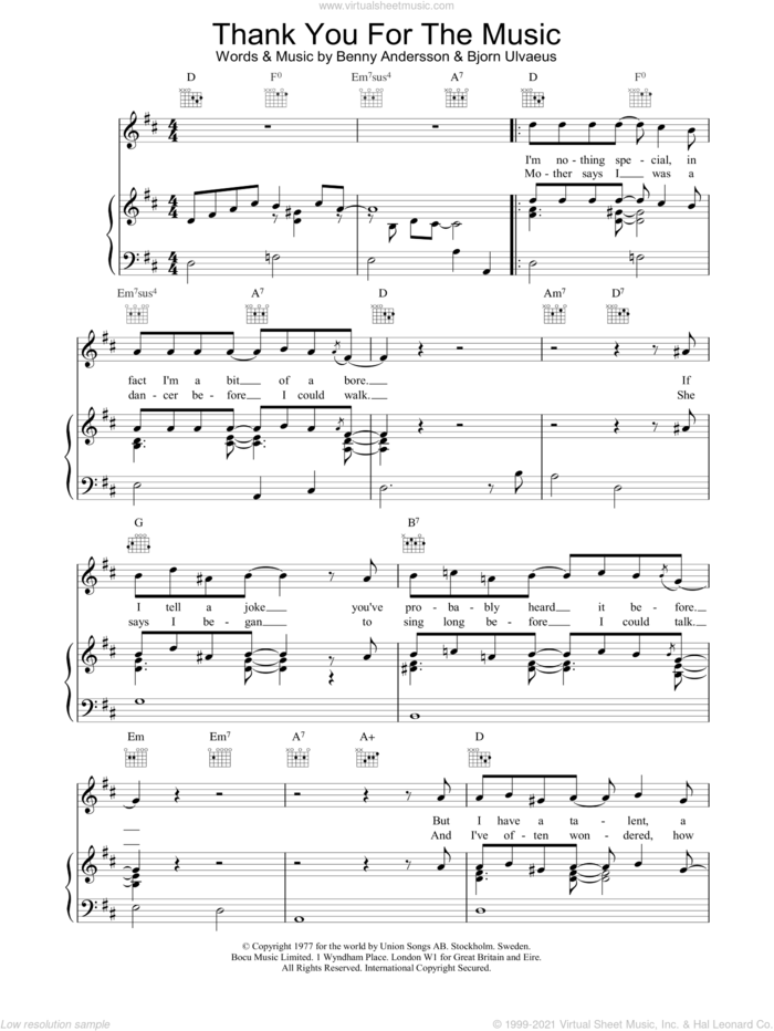 Thank You For The Music sheet music for voice, piano or guitar by ABBA, intermediate skill level
