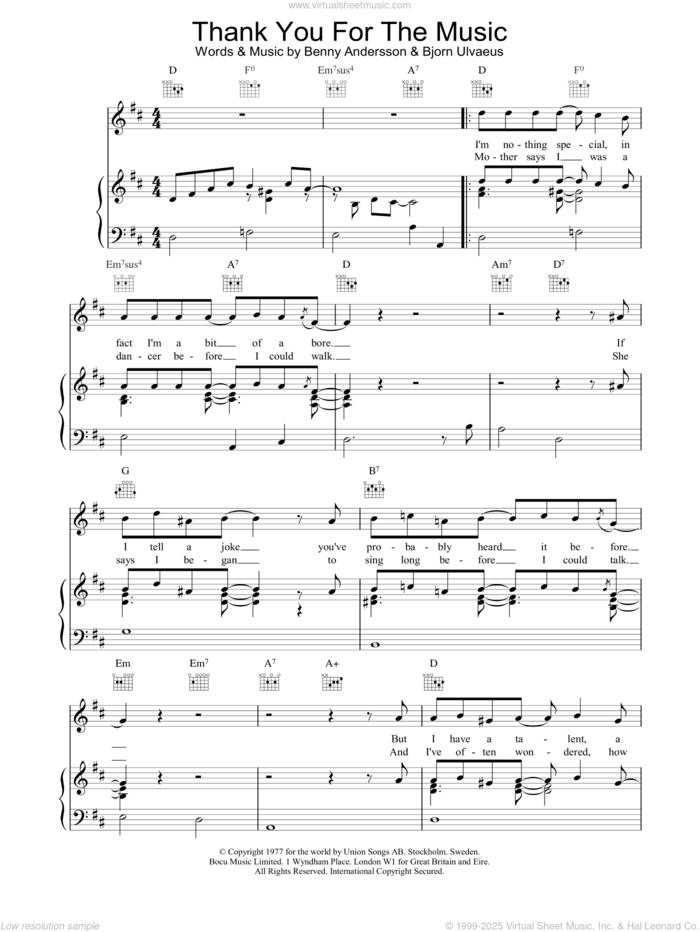 Thank You For The Music sheet music for voice, piano or guitar by ABBA, intermediate skill level