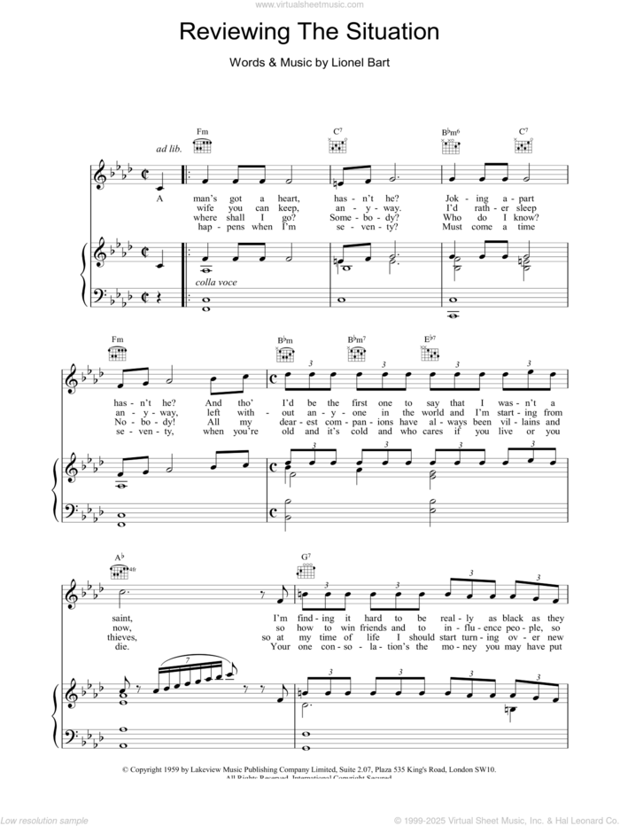 Reviewing The Situation sheet music for voice, piano or guitar by Lionel Bart, intermediate skill level