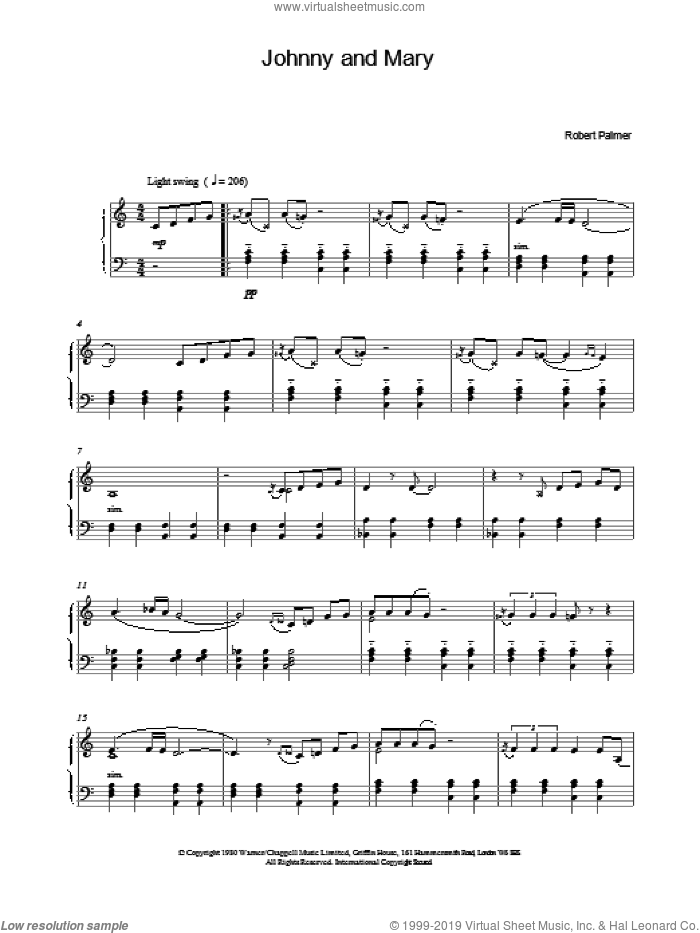 Johnny and Mary sheet music for piano solo by Robert Palmer, intermediate skill level