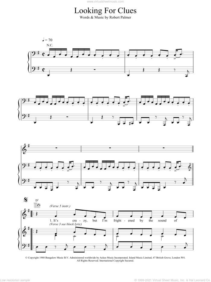 Looking For Clues sheet music for voice, piano or guitar by Robert Palmer, intermediate skill level