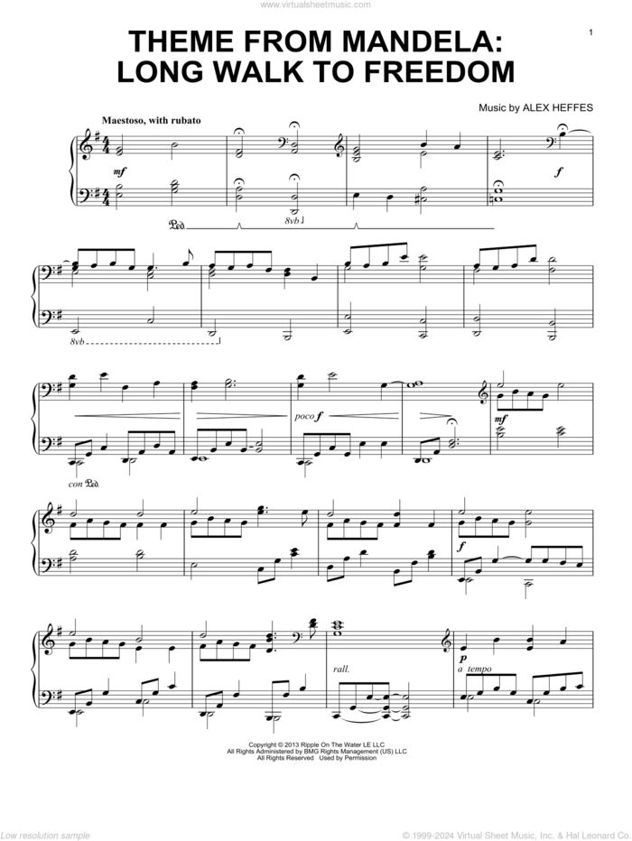 Theme from Mandela: Long Walk To Freedom sheet music for piano solo by Alex Heffes, intermediate skill level