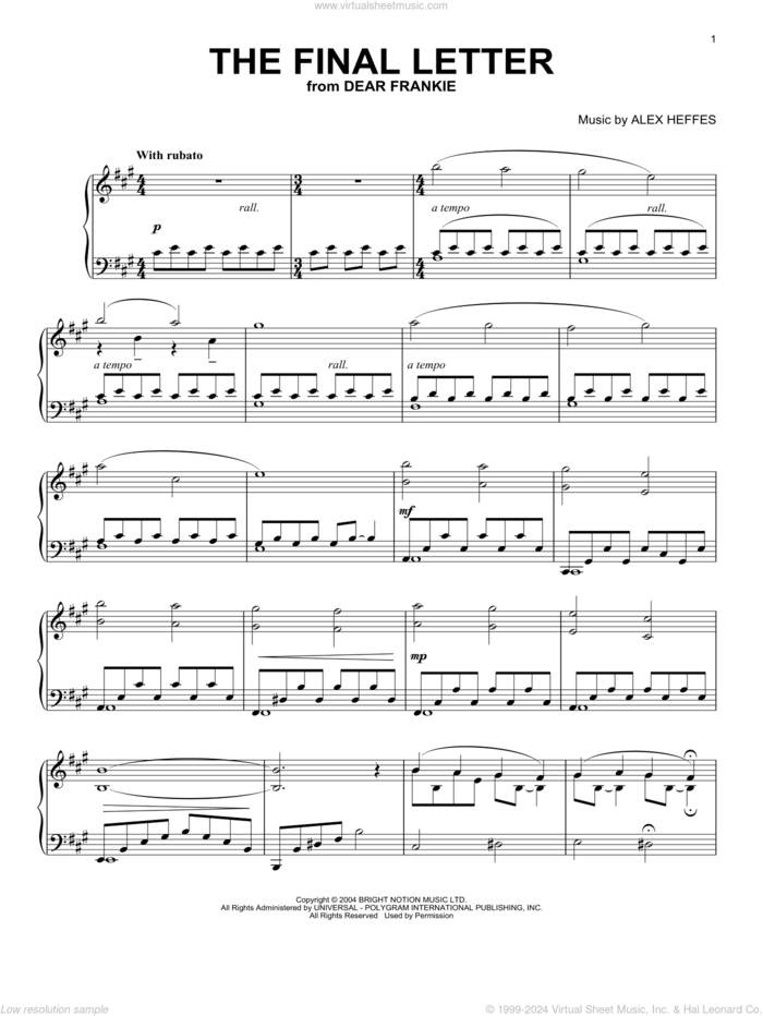 The Final Letter (from Dear Frankie) sheet music for piano solo by Alex Heffes, intermediate skill level