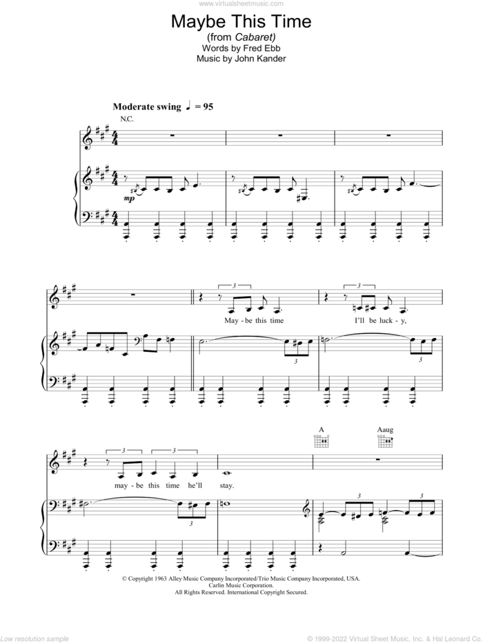 Maybe This Time sheet music for voice, piano or guitar by Kander & Ebb, Fred Ebb and John Kander, intermediate skill level
