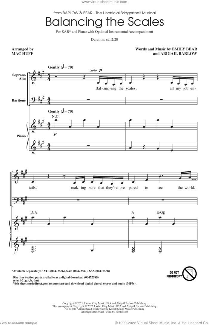 Balancing The Scales (from The Unofficial Bridgerton Musical) (arr. Mac Huff) sheet music for choir (SAB: soprano, alto, bass) by Barlow & Bear, Mac Huff, Abigail Barlow and Emily Bear, intermediate skill level
