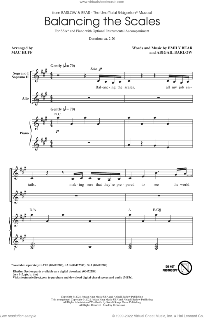 Balancing The Scales (from The Unofficial Bridgerton Musical) (arr. Mac Huff) sheet music for choir (SSA: soprano, alto) by Barlow & Bear, Mac Huff, Abigail Barlow and Emily Bear, intermediate skill level