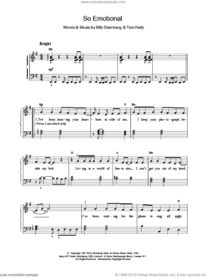 So Emotional sheet music for voice, piano or guitar by Whitney Houston, intermediate skill level