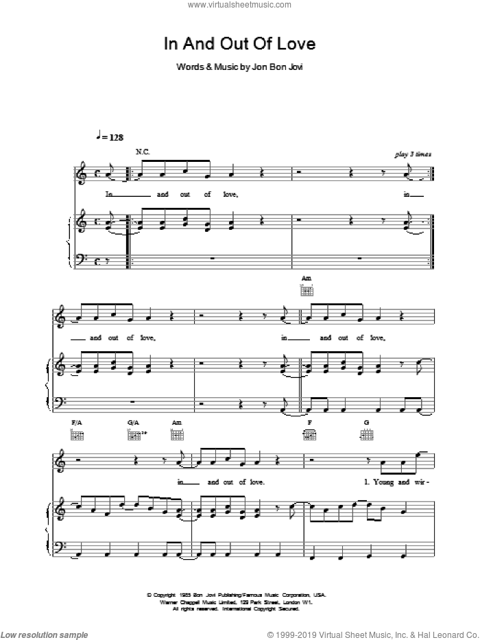 In And Out Of Love sheet music for voice, piano or guitar by Bon Jovi, intermediate skill level