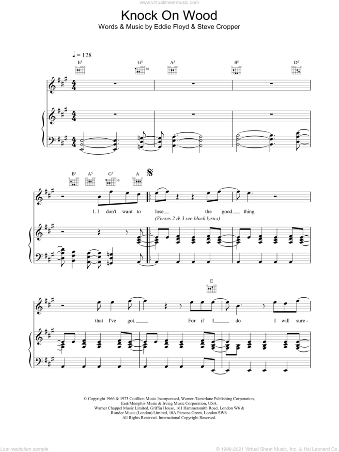 Knock On Wood sheet music for voice, piano or guitar by Otis Redding, Eddie Floyd and Steve Cropper, intermediate skill level