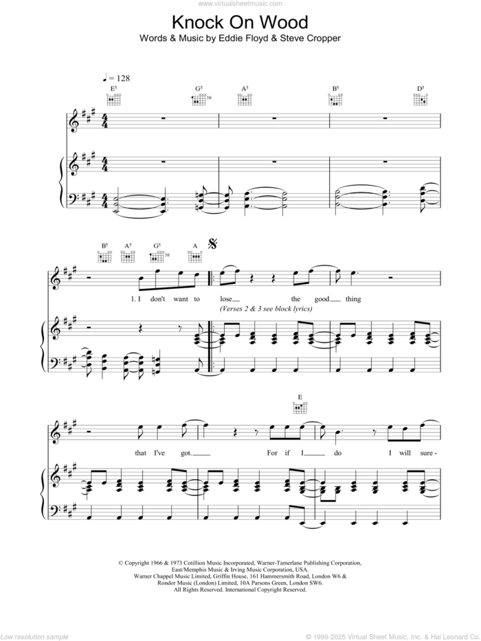 Knock On Wood sheet music for voice, piano or guitar by Otis Redding, Eddie Floyd and Steve Cropper, intermediate skill level