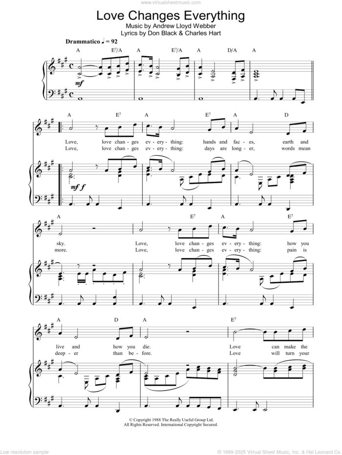 Love Changes Everything (from Aspects of Love) sheet music for voice, piano or guitar by Andrew Lloyd Webber, Aspects Of Love (Musical), Charles Hart and Don Black, intermediate skill level