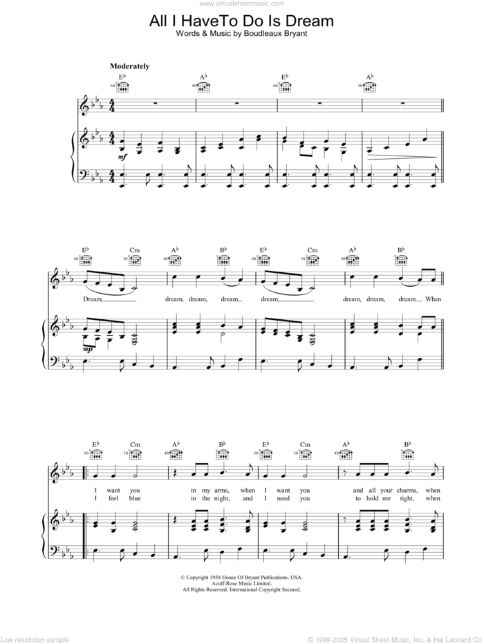 All I Have To Do Is Dream sheet music for voice, piano or guitar by Everly Brothers, intermediate skill level