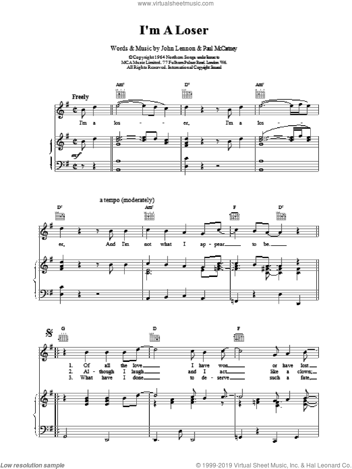 I'm A Loser sheet music for voice, piano or guitar by The Beatles, intermediate skill level