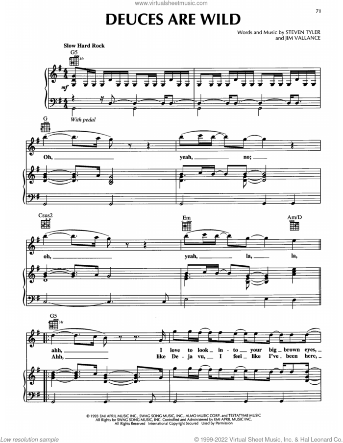 Deuces Are Wild sheet music for voice, piano or guitar by Aerosmith, Jim Vallance and Steven Tyler, intermediate skill level