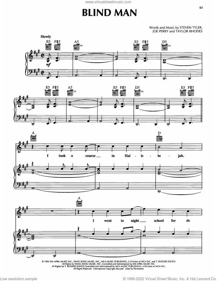 Blind Man sheet music for voice, piano or guitar by Aerosmith, Joe Perry, Steven Tyler and Taylor Rhodes, intermediate skill level