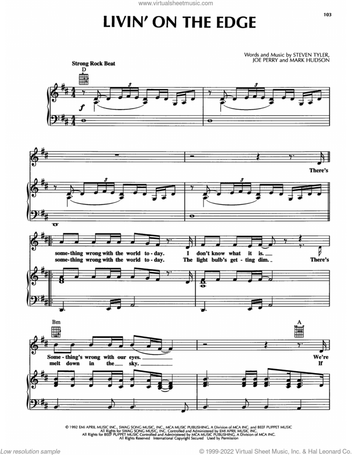 Livin' On The Edge sheet music for voice, piano or guitar by Aerosmith, Joe Perry, Mark Hudson and Steven Tyler, intermediate skill level