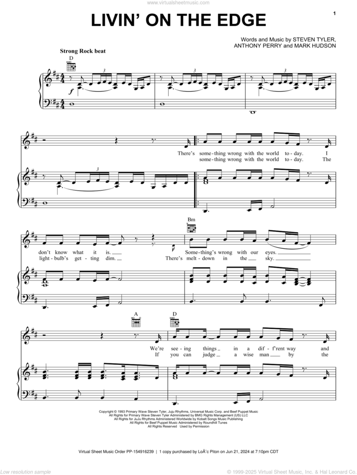 Livin' On The Edge sheet music for voice, piano or guitar by Aerosmith, Joe Perry, Mark Hudson and Steven Tyler, intermediate skill level