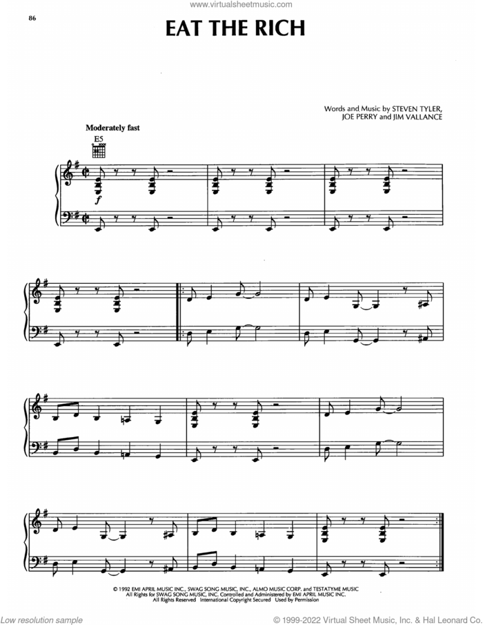 Eat The Rich sheet music for voice, piano or guitar by Aerosmith, Jim Vallance, Joe Perry and Steven Tyler, intermediate skill level
