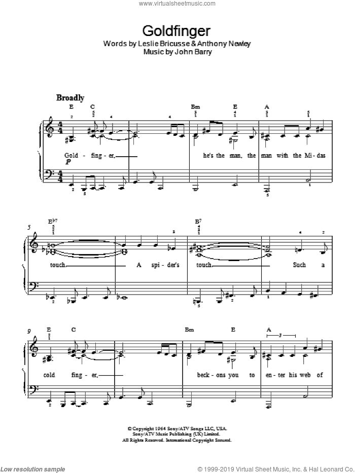 Goldfinger, (intermediate) sheet music for piano solo by Shirley Bassey, intermediate skill level