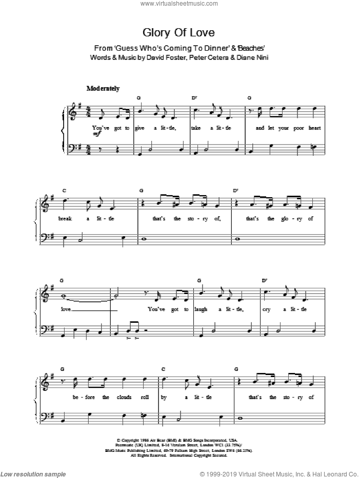 Glory Of Love sheet music for piano solo by Peter Cetera and David Foster, easy skill level