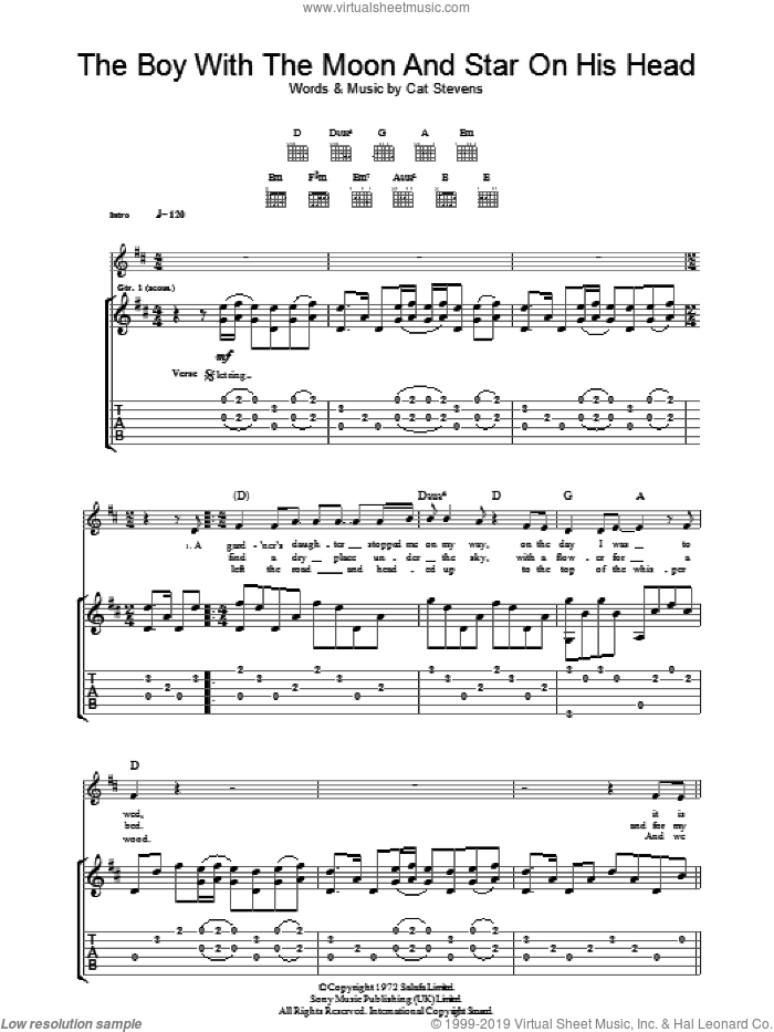 The Boy With The Moon And Star On His Head sheet music for guitar (tablature) by Cat Stevens, intermediate skill level
